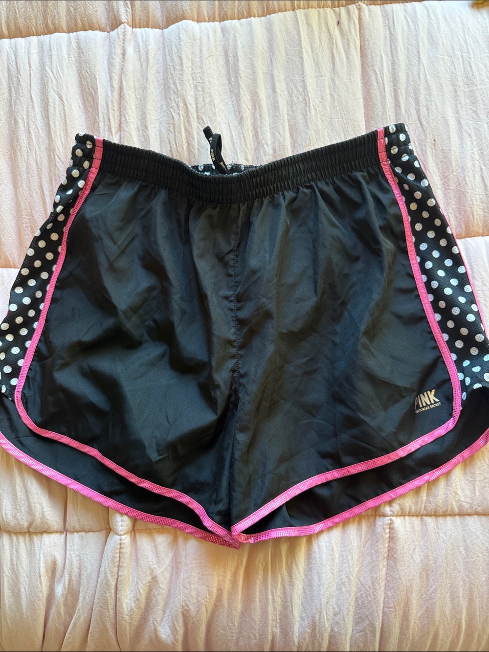 PINK Victoria's Secret Black Athletic Shorts with Pink Trim and Polka Dot Panels